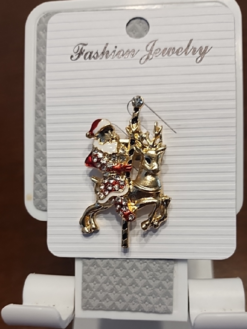 Gold Santa Riding Reindeer Brooch with Red Accents